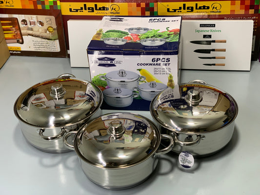 DUBAIZONES™ 6 Pieces Cookware Set Stainless Steel 6L, 7.5L and 9L Casseroles